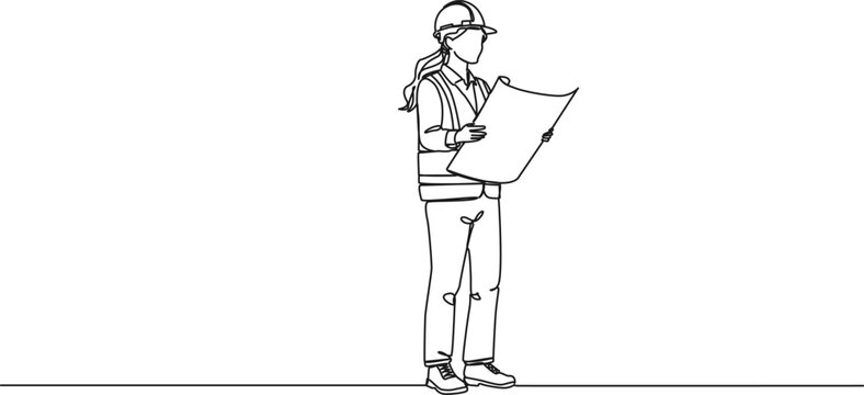 continuous line drawing of female civil engineer or construction worker holding blueprint, line art vector illustration