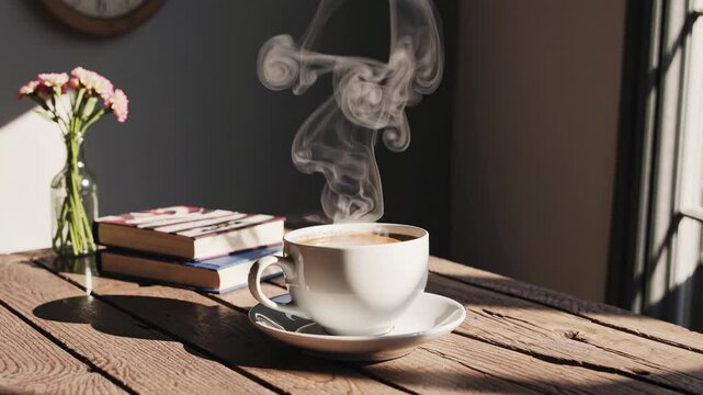Warm, cozy video concept with a side angle of a steaming coffee cup on a rustic table, sunlight streaming in, books and flowers in the background.