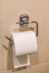 Sleek chrome toilet paper holder mounted on a light beige bathroom wall, holding a white roll. Home, hotel, office bathrooms.