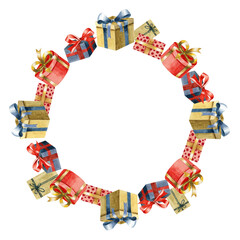 A frame of watercolor gifts. the presents  are arranged in a circle, a festive mood. Watercolor illustration for cards, posters, wrapping, scrapbooking