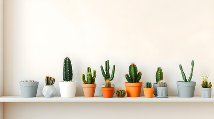 minimalist shelf decor with potted cactus plant, front view