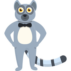 Gray Cartoon Lemur Wearing A Black Bow Tie Standing On A Transparent Background With Paws On Hips And Striped Tail And Big Yellow Eyes