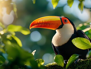 Tropical bird feeding on branch rainforest wildlife photography lush greenery close-up nature's vibrancy