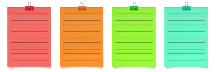Set of paper notes with binder clips. Red, orange, green and turquoise sheets of paper. Metal holders. Lined notebook paper	