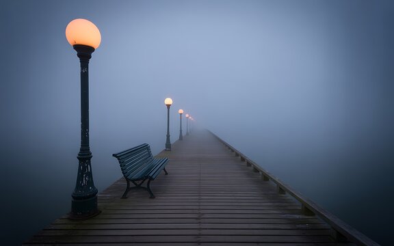 Misty wooden pier with glowing lampposts and bench