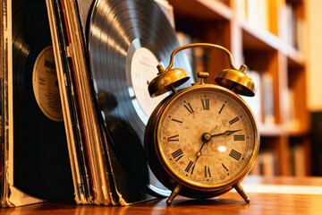 Vintage alarm clock next to vinyl records on a wooden table with a bookshelf in the background