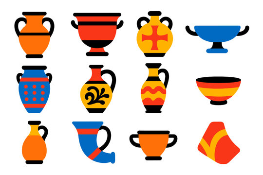 Mycenaean Pottery Icons. Flat vector icons of Mycenaean Pottery: amphora, krater, stirrup jar, kylix cup, storage pithos,