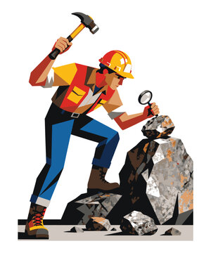 Focused geologist inspecting rock formation with magnifying glass, hammer ready, showcasing dedication to earth science and detailed mineral analysis work