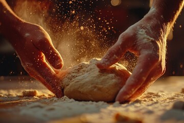 Fototapeta premium Hands kneading dough with flour dust in warm light creating cozy and inviting atmosphere for baking fresh bread or pastry at home