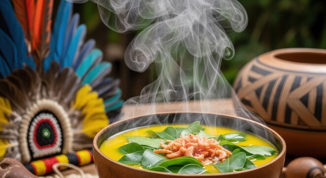 Hot Brazilian Tacac&aacute; &ndash; Tucupi Broth with Jambu & Dried Shrimp in Cuia, Tikuna Headdress & Maraj&oacute; Ceramic Backdrop, Humid Rainforest Light Photography