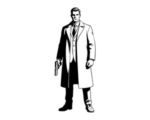 Bodyguard Holding a Handgun in Defensive Stance — Black and White Line Art Illustration