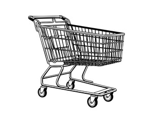 Empty Shopping Cart with Wireframe Structure — Black and White Line Art Illustration