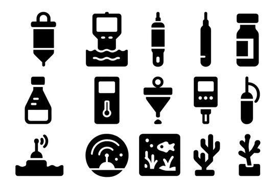 Environmental Monitoring Icons. Solid style icons of Environmental monitoring: water sampler, turbidity sensor, pH meter,