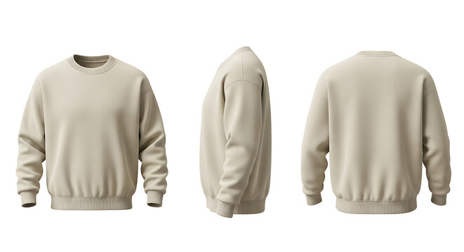 Blank unisex crewneck sweatshirt in a soft beige color, presented from multiple angles as a versatile apparel mockup for fashion design and branding purposes