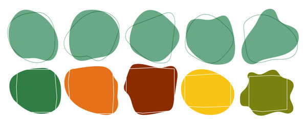Fluid shapes and blotch splodge element. Organic collection. Graphic design of colorful palette with eco tones. Teal, Terracotta, Mustard. Minimalist outline frame, simple, unique,  wavy, curvy forms