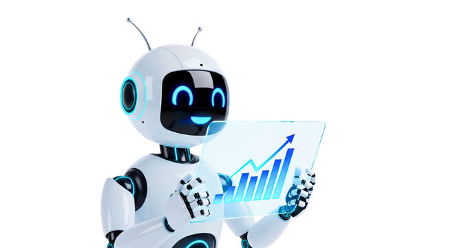 Futuristic AI robot showing business growth chart on a transparent screen and smiling happily