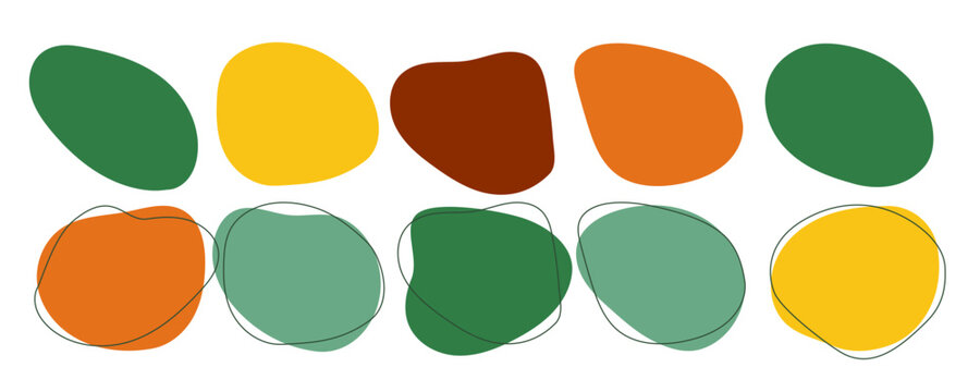 Contemporary set of simple, fluid oval shapes in inspired palette (Mustard, Teal, Terracotta, Green). Minimalist design of flat blot element, smooth curve border, unique template or layout guide