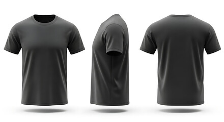 Blank Black T-Shirt Mockup, Front, Side, and Back Views, Empty Design Template for Apparel Customization, High-Quality Retail Garment Presentation for Marketing and Branding
