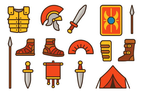 Roman Armor Icons. Flat vector icons of Ancient Roman Armor: lorica segmentata, roman helmet, gladius sword, scutum shield, pilum