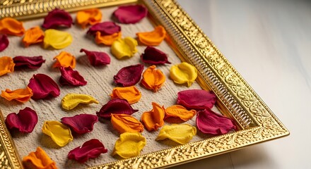 Vibrant dried red, orange, and yellow petals arranged decoratively on a white surface within a stunning ornate gold tray.