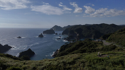 ユウスゲ公園の出会いの鐘とあいあい岬（空撮） - 静岡県南伊豆町,日本