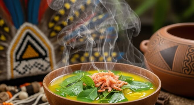 Hot Brazilian Tacac&aacute; &ndash; Tucupi Broth with Jambu & Dried Shrimp in Cuia, Tikuna Headdress & Maraj&oacute; Ceramic Backdrop, Humid Rainforest Light Photography