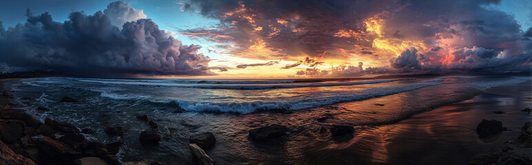 Naklejka premium Golden Sunset with Gentle Waves Washing Ashore on a Peaceful Beach
