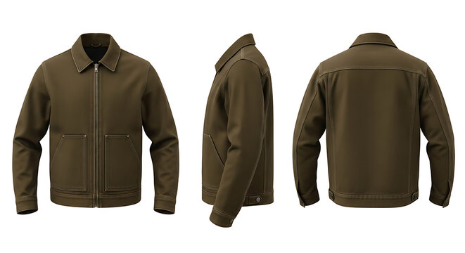 Versatile olive utility jacket mockup showcasing front, side, and back views for apparel design and fashion branding, a comprehensive garment template