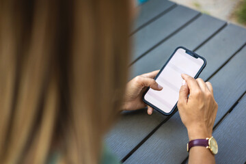 Hands, remote work or woman in cafe with phone for business review, ratings or hospitality survey. Restaurant menu, online and customer with mobile for lunch break, coffee shop discount or feedback.