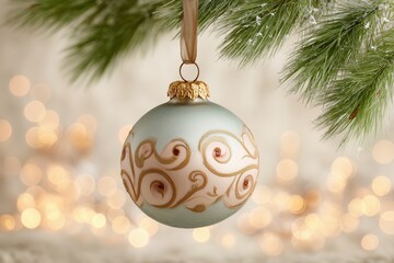 Elegant Christmas ornament, pale blue with gold swirl pattern, hanging from a snowy pine branch. Festive blurred golden bokeh light in background