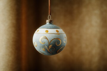 Elegant light blue Christmas ornament with intricate gold swirl pattern, hanging from ribbon. Festive holiday decor against warm blurred background. Studio shot