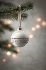Elegant white Christmas ornament with decorative detail hanging from green fir branch. Blurred warm bokeh light create festive holiday background, celebrating Christmas