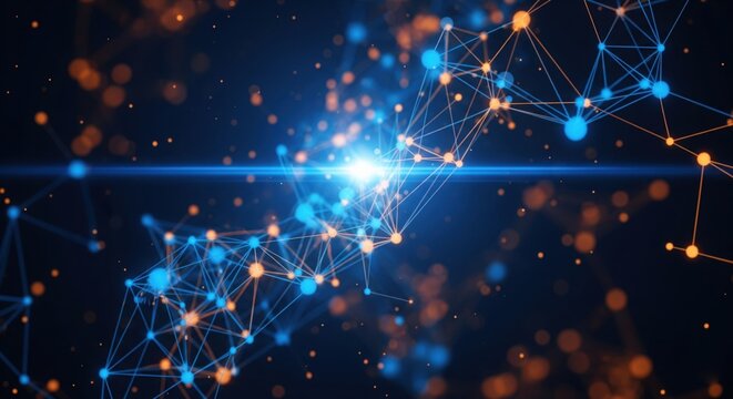 Dark blue abstract background with a network grid and particles connected, global nodes