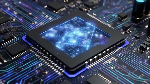 Close-up view of a futuristic computer processor chip with glowing blue circuitry and intricate details.