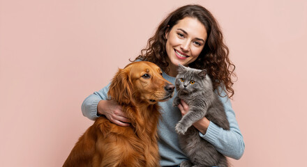 Young woman hugging a golden dog and a gray cat in a cozy studio setting highlighting pet bonding, animal affection, and domestic companionship themes.