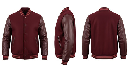 Three-view varsity jacket mockup in rich maroon and brown with contrasting leather sleeves, perfect for showcasing apparel designs and branding concepts