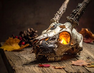 Artistic still life featuring a deer skull with lit interior and antlers