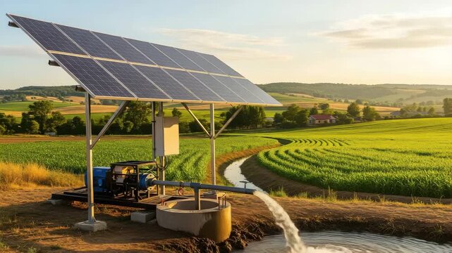 Solar powered water pump irrigating a field of crops on a sunny day in the countryside