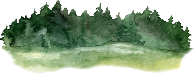 Watercolor illustration of a distant forest line, painted in deep blue and green shades. The soft mist and blended brushstrokes create a serene Nordic landscape atmosphere
