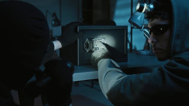 Over the shoulder shot of man in black balaclava shining flashlight at keypad and speaking with partner-in-crime while they trying to break into safe