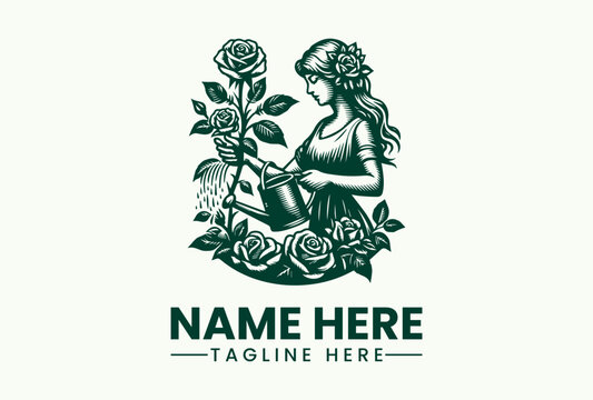 Elegant Lady Watering Roses Vintage Vector Logo Illustration for Floral Business