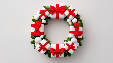 DIY Christmas wreath decorated with white gift boxes tied with red ribbons and green leaves creating festive holiday vibe