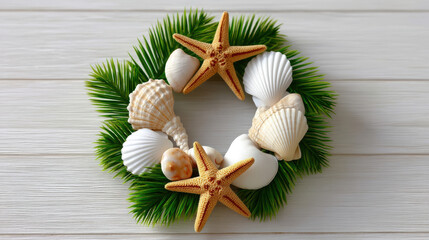 DIY Christmas wreath made with green pine leaves, seashells, and starfish creating unique coastal holiday decoration full of charm and nature