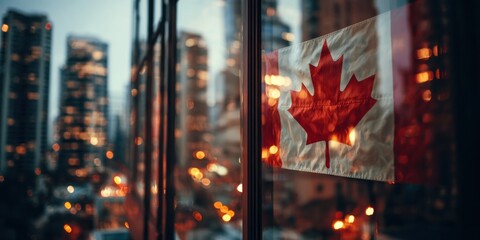 Canadian Flag Reflecting City Lights - A Symbol of National Pride.