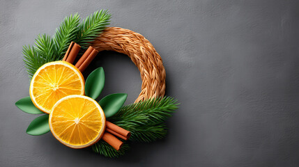 DIY Christmas wreath with orange slices cinnamon sticks and pine branches on gray background for festive decoration