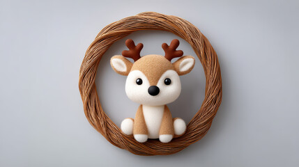 Cute diy christmas wreath with plush reindeer decoration on gray background for holiday festive decor and winter celebration