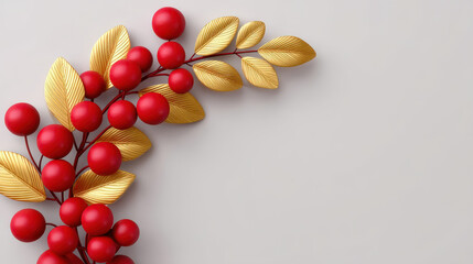 Diy christmas wreath decoration with red berries and golden leaves on light background for festive holiday design
