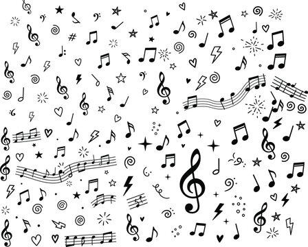 Bundle of hand drawn doodle music notes. Handwriting crayon scribble. Musical symbols sketch