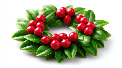 Diy christmas wreath with green leaves and bright red berries decoration for festive holiday celebration on white background
