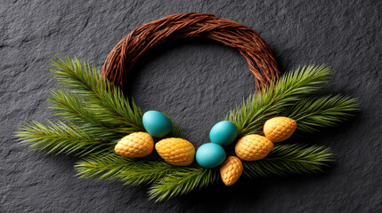 DIY Christmas wreath with green pine branches and decorative yellow pine cones and blue eggs on dark textured background